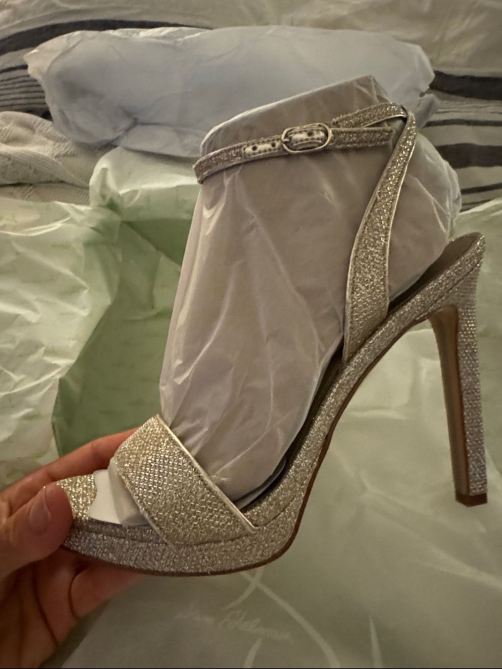 Sam Edelman Silver Glitter Ankle-Strap Platform Heels - Picture 2 of 10